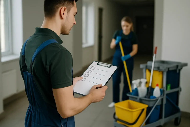Équipe en uniforme nettoyant des bureaux modernes à Waziers avec des équipements professionnels.