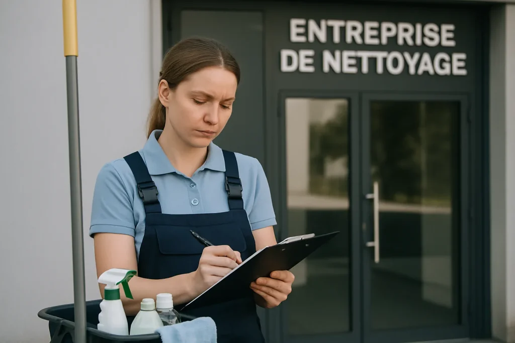 Équipe de nettoyage au travail dans un bureau moderne à Cambrai, utilisant des équipements professionnels.