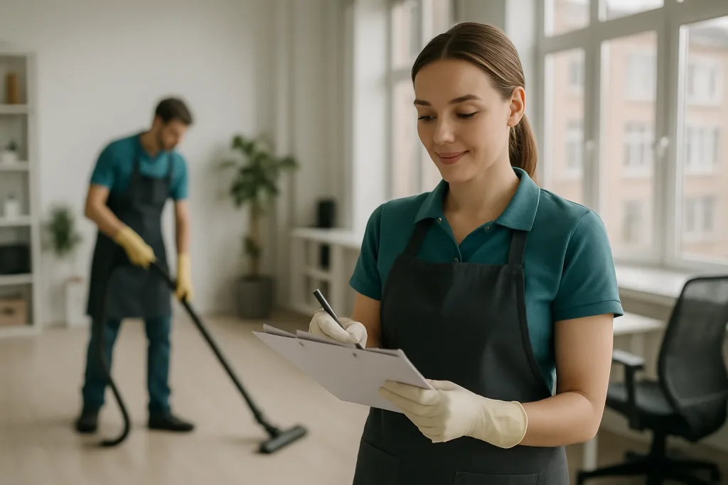 Une équipe de nettoyage effectuant un service dans un bureau à Béthune, utilisant des produits adaptés.