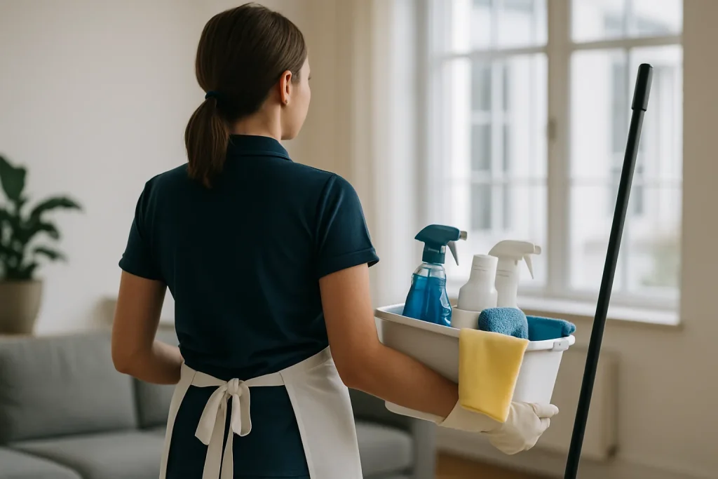 Équipe de nettoyage en train de nettoyer un appartement à Vieux-Condé avec des produits écologiques.