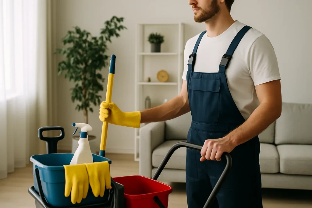 Équipe de nettoyage à Houplines, nettoyant un salon avec des produits écologiques.