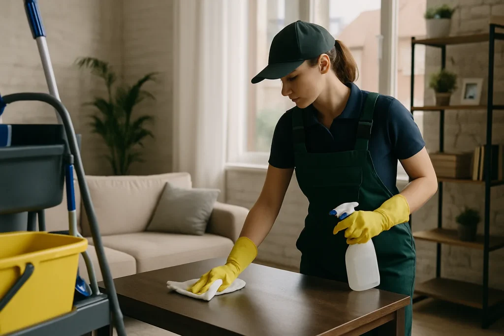 Équipe de nettoyage dans un appartement à Marquette-Lez-Lille utilisant des produits écologiques.