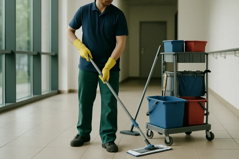 Un agent de nettoyage dans un bureau moderne à Harnes, utilisant un aspirateur.