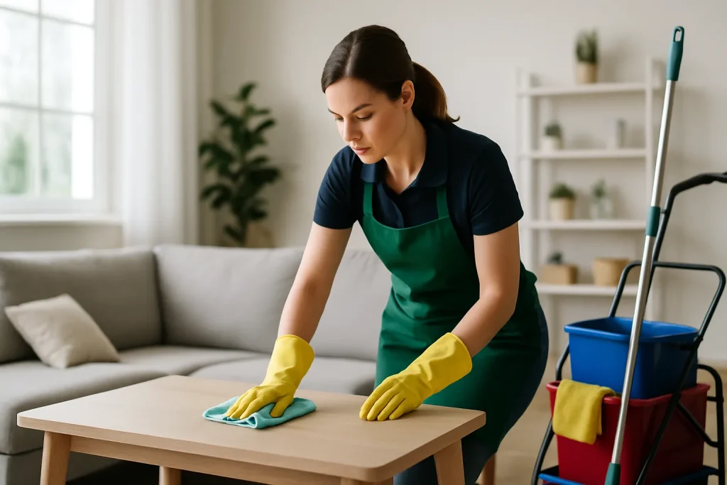 Équipe de nettoyage à Mouvaux nettoyant un appartement moderne avec des produits écologiques.