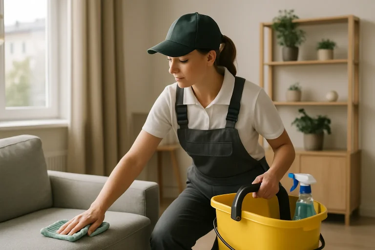 Équipe de nettoyage dans un appartement à Crépy-En-Valois utilisant des produits écologiques.