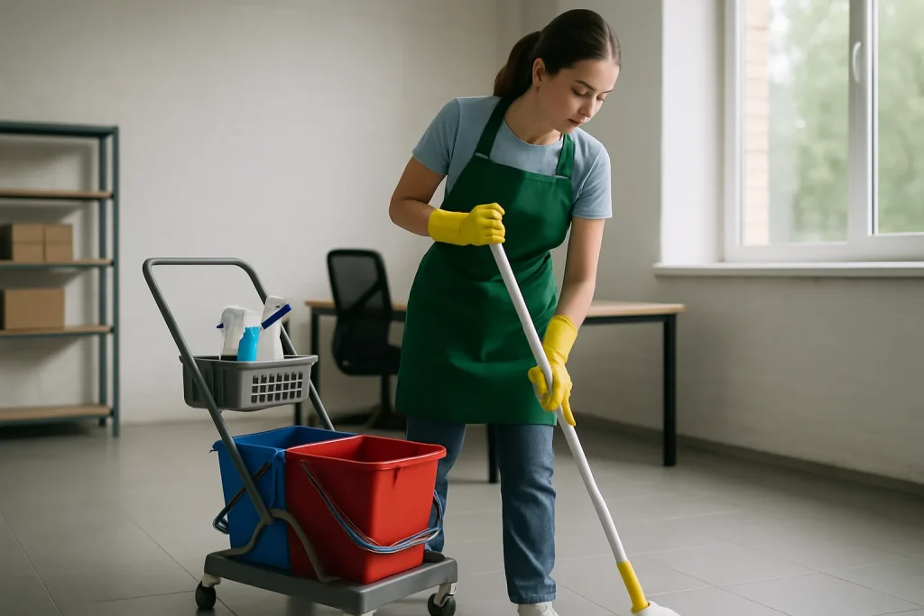 Technicien de nettoyage professionnel à Raismes utilisant un aspirateur dans un appartement.
