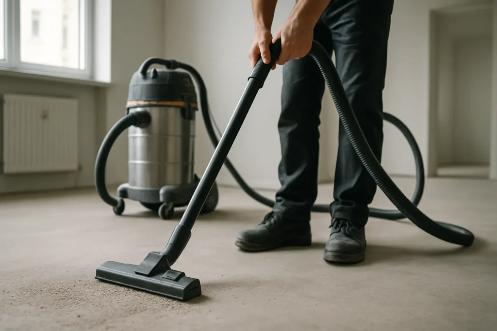 Mains utilisant un aspirateur industriel dans un appartement vide à Compiègne.