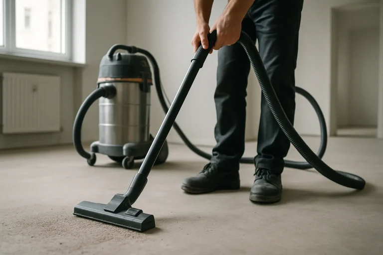 Mains utilisant un aspirateur industriel dans un appartement vide à Compiègne.