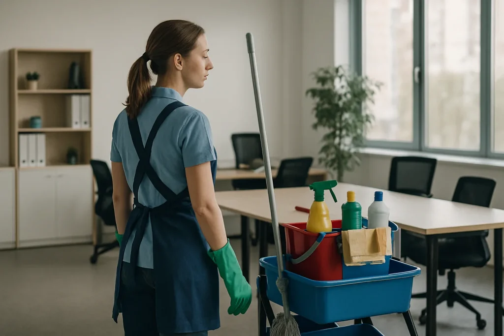 Un espace de vie propre à Leers avec un professionnel du nettoyage en action.