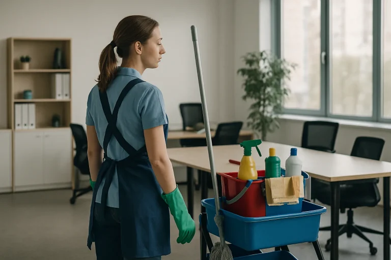 Un espace de vie propre à Leers avec un professionnel du nettoyage en action.