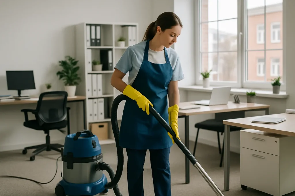 Équipe de nettoyage professionnelle à Hautmont utilisant des équipements modernes dans un appartement.