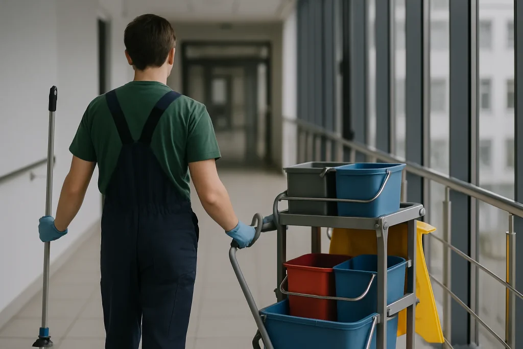 Équipe de nettoyage en action dans un bureau moderne à Saint-Quentin, montrant leurs outils professionnels.