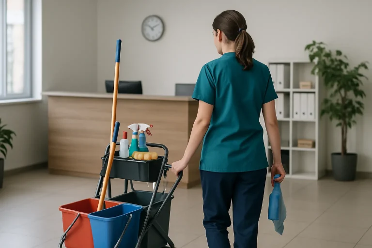 Professionnels d'une entreprise de nettoyage à Caudry travaillant sur des démarches administratives ensemble.
