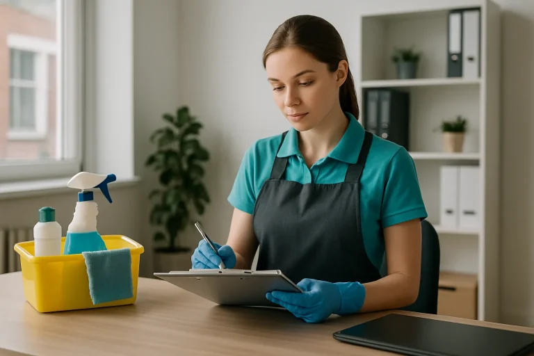 Un agent de nettoyage dans un bureau à Pérenchies utilisant des produits de nettoyage modernes.