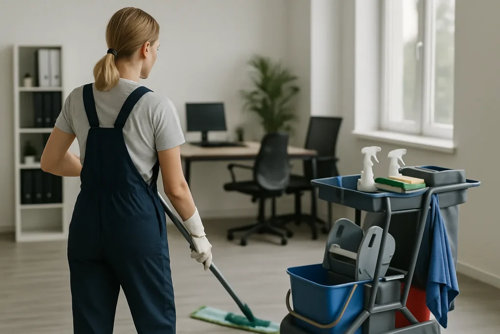 Équipe de nettoyage à Saint-Omer utilisant des produits écologiques dans un bureau.