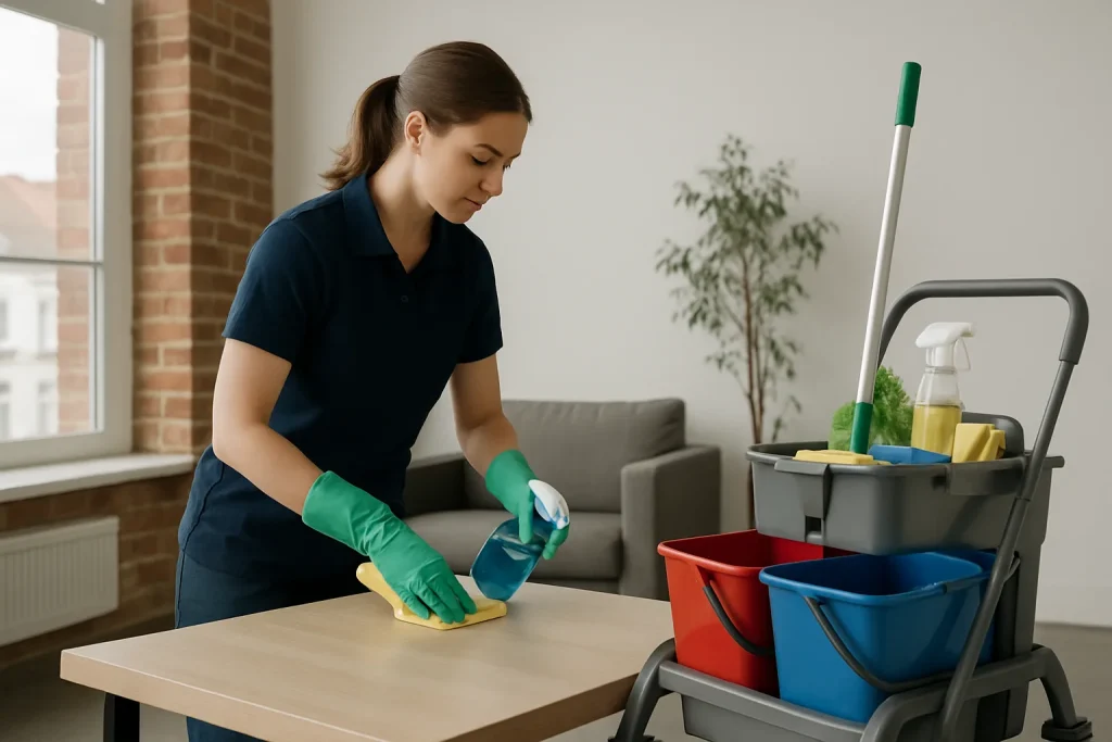 Équipe de nettoyage à Vendin-Le-Vieil utilisant des produits écologiques dans un appartement.