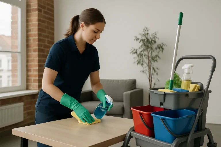 Équipe de nettoyage à Vendin-Le-Vieil utilisant des produits écologiques dans un appartement.