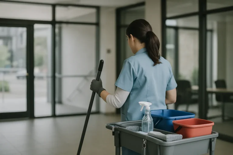 Équipe de nettoyage à Onnaing s'occupant d'un bureau moderne avec soin.