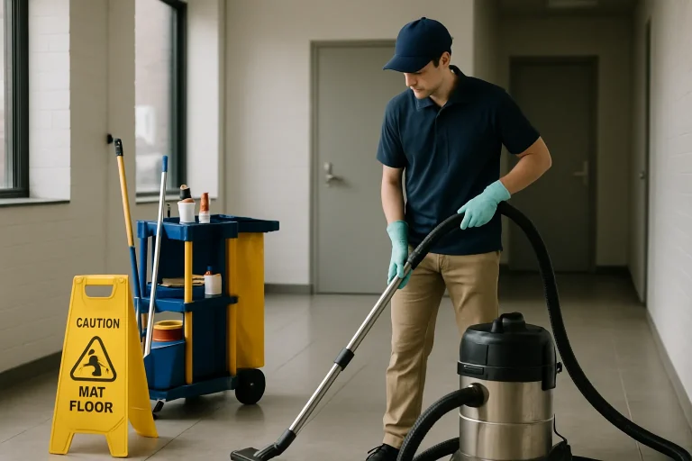 Un agent de nettoyage professionnel à Chambly utilisant un aspirateur dans une rue.