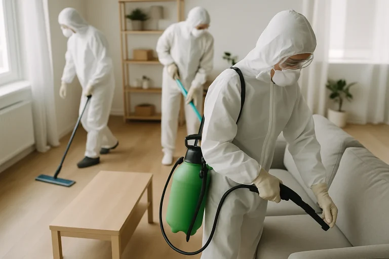 Équipe de nettoyage en tenue de protection effectuant une désinfection dans un appartement.