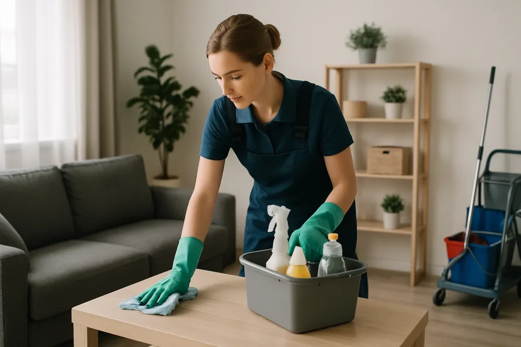 Équipe professionnelle de nettoyage au travail dans un salon à Wasquehal.
