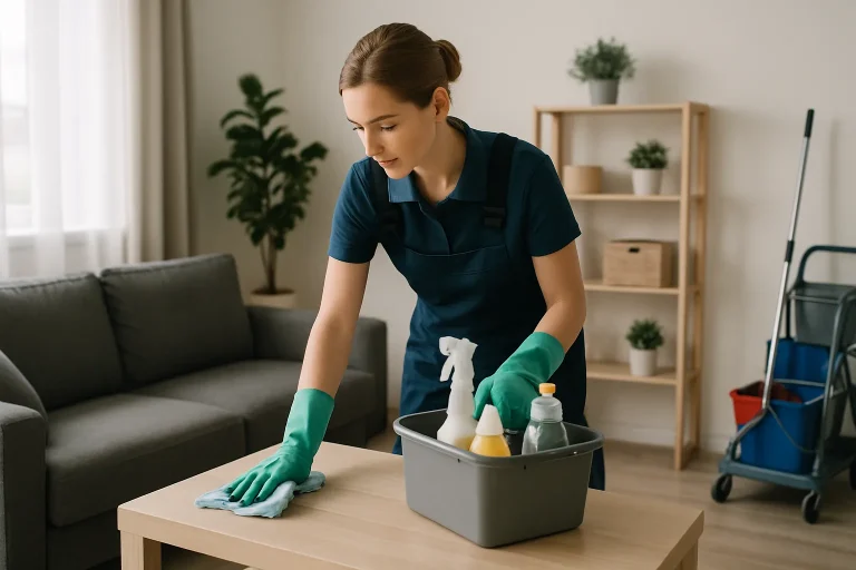 Équipe professionnelle de nettoyage au travail dans un salon à Wasquehal.