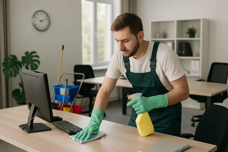 Un agent de nettoyage dans un bureau à Chantilly, utilisant des équipements modernes.