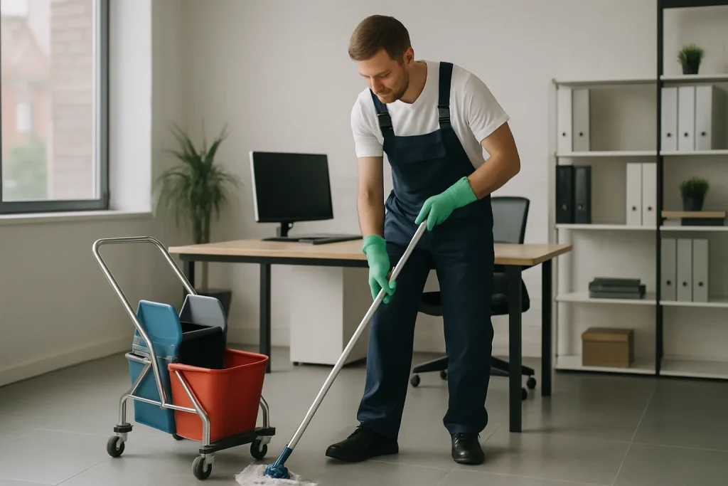 Professionnel du nettoyage à Bailleul, utilisant des produits écologiques dans un appartement.