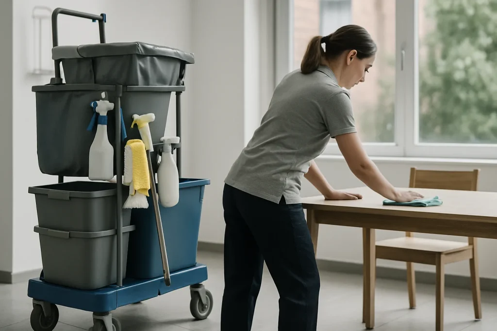 Professionnel du nettoyage nettoyant un appartement à La-Madeleine avec des équipements modernes.