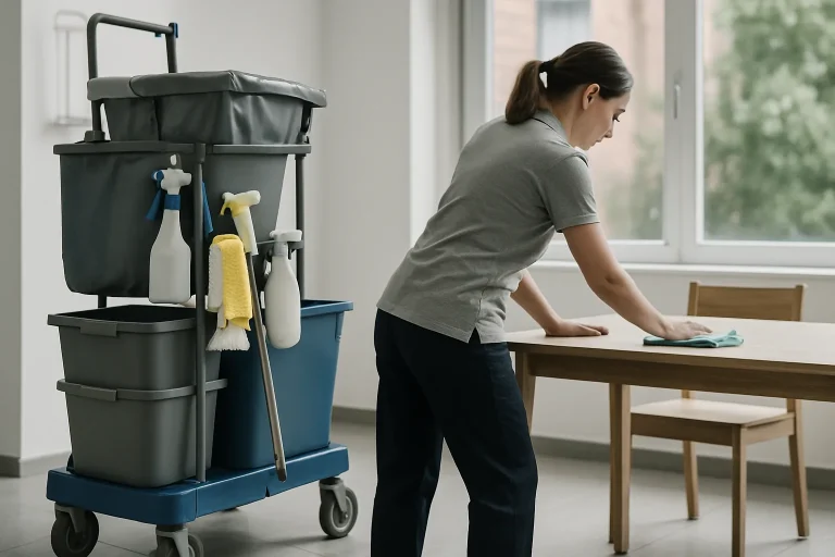 Professionnel du nettoyage nettoyant un appartement à La-Madeleine avec des équipements modernes.