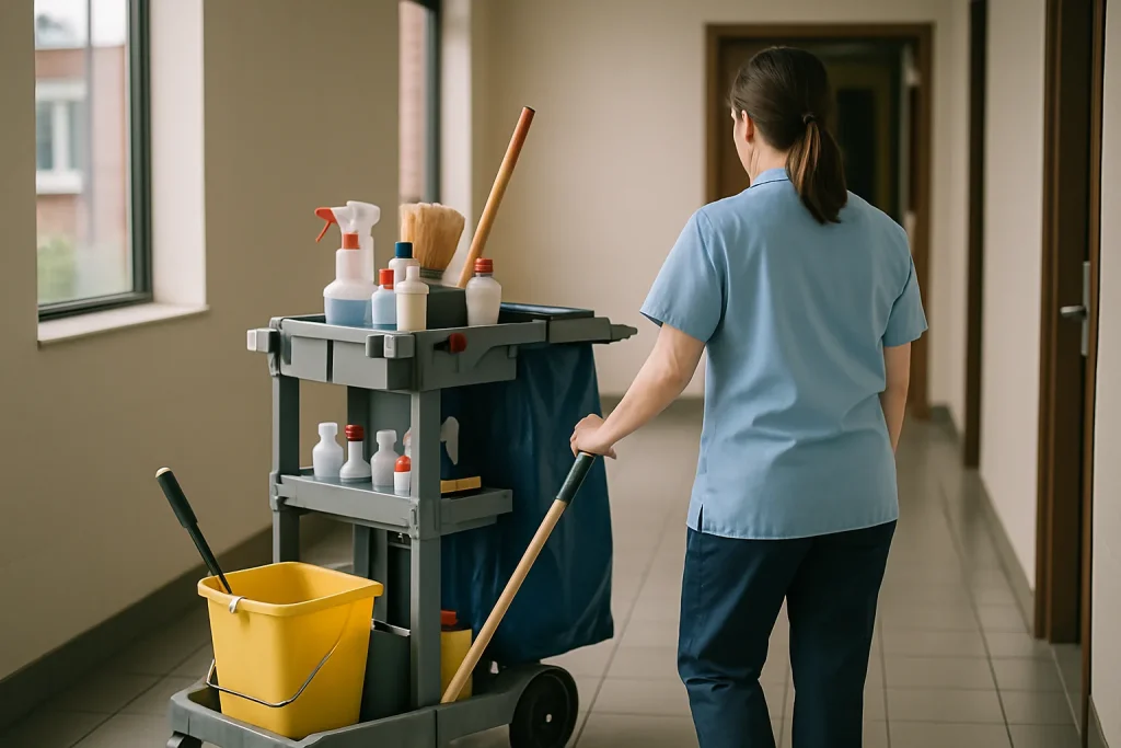 Un professionnel du nettoyage nettoie un bureau moderne à Condé-Sur-L’Escaut, utilisant des produits écologiques.