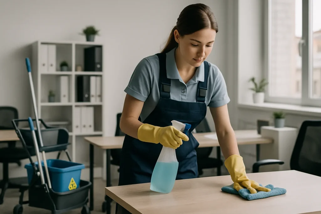 Équipe de nettoyage à Creil nettoyant un appartement avec des équipements professionnels.