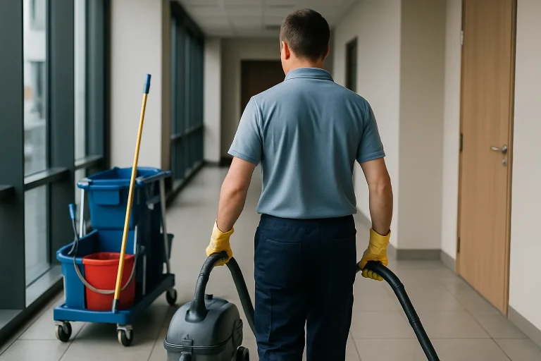 Un agent de nettoyage dans un appartement à Calais utilisant des produits écologiques.