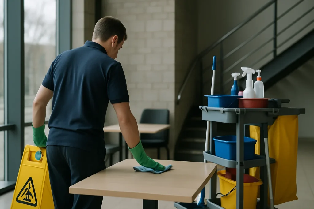 Équipe de nettoyage utilisant des produits écologiques dans un appartement lumineux à Saint-Amand-Les-Eaux.