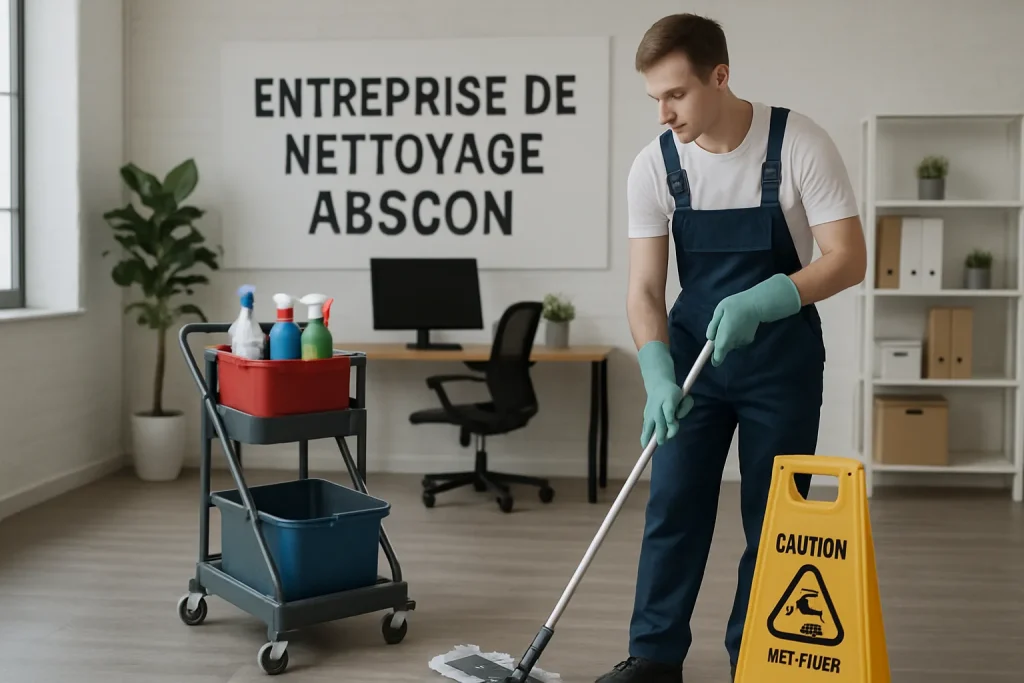 Intérieur d'appartement propre à Abscon avec produits de nettoyage visibles.