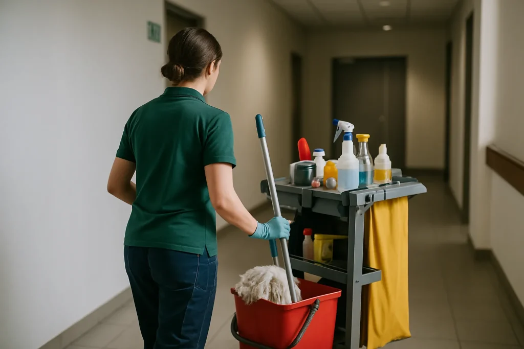 Équipe de nettoyage professionnelle à Clermont, utilisant des équipements écologiques.