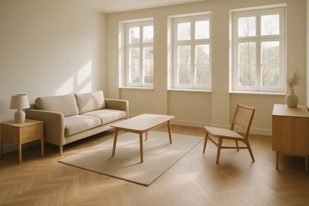 Intérieur d'une pièce lumineuse avec parquet et fenêtres, ambiance propre