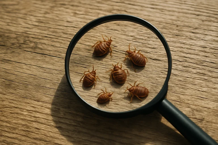Gros plan d'une loupe sur des punaises de lit visibles sur une surface en bois.