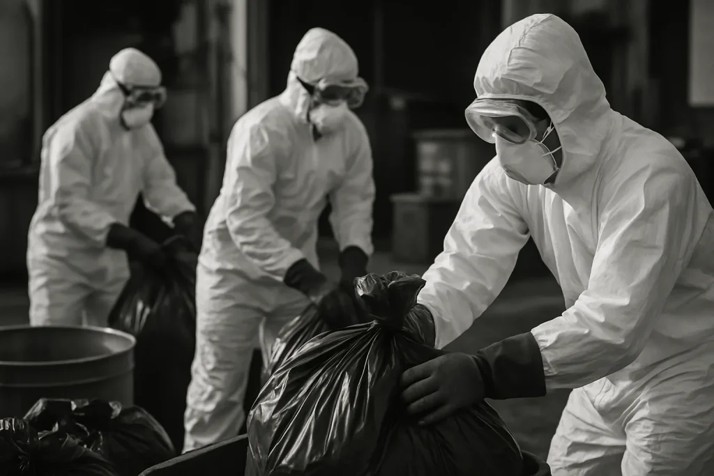 Équipe en tenue de protection traitant des déchets contaminés en noir et blanc.