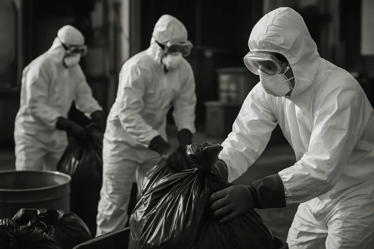 Équipe en tenue de protection traitant des déchets contaminés en noir et blanc.