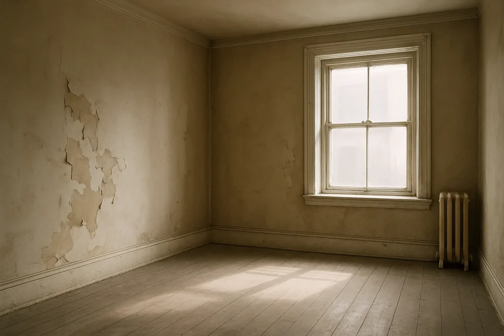 Intérieur d'un appartement vide avec murs écaillés et sol en bois ancien.