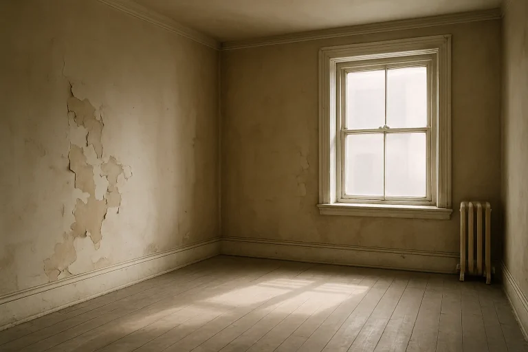 Intérieur d'un appartement vide avec murs écaillés et sol en bois ancien.