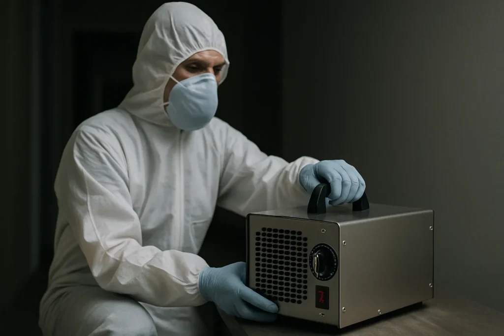 Technicien en protection manipulant un générateur d'ozone dans une pièce sombre.