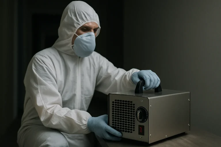 Technicien en protection manipulant un générateur d'ozone dans une pièce sombre.