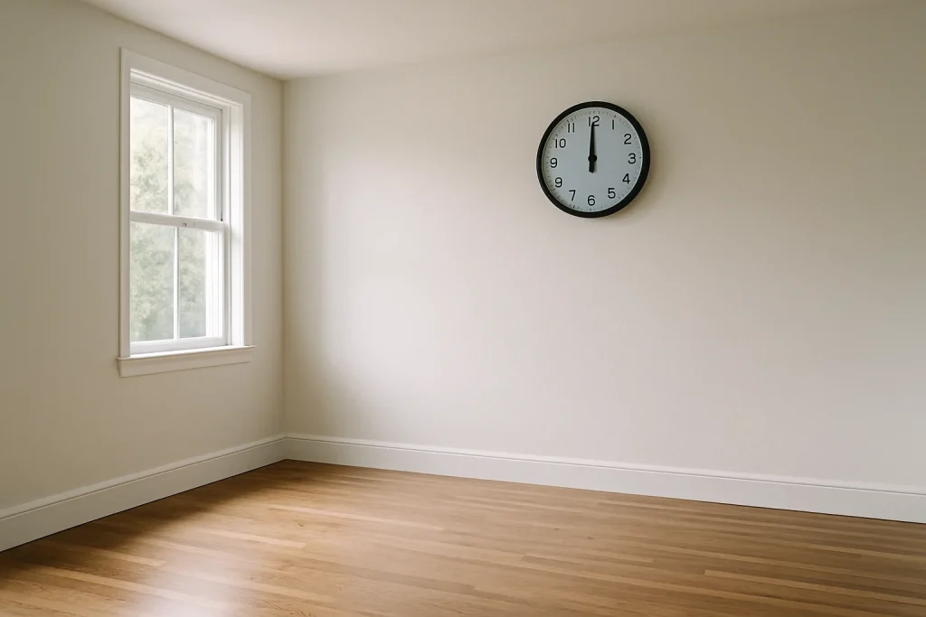 Salon vide avec une horloge murale, symbolisant le délai pour vider une maison.