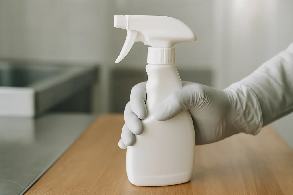 Main gantée tenant un flacon pulvérisateur, fond flou de surfaces propres.