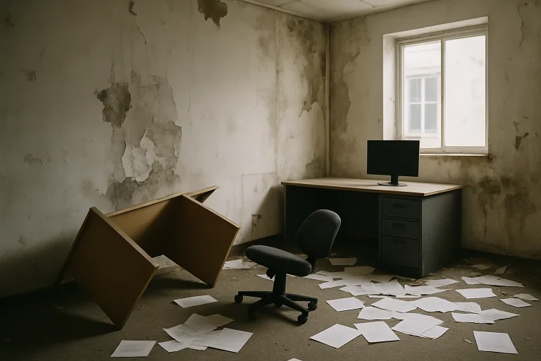 Bureau désordonné avec mobilier renversé et murs abîmés suite à un sinistre.