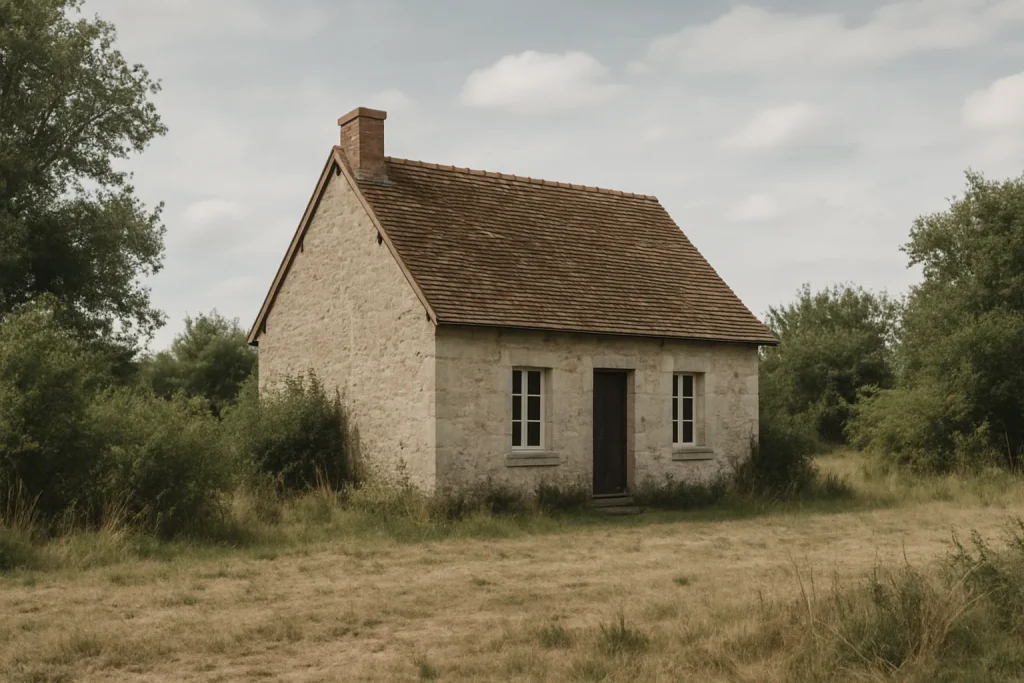 Maison isolée dans un environnement rural sans accès apparent à l'eau ni à l'électricité.