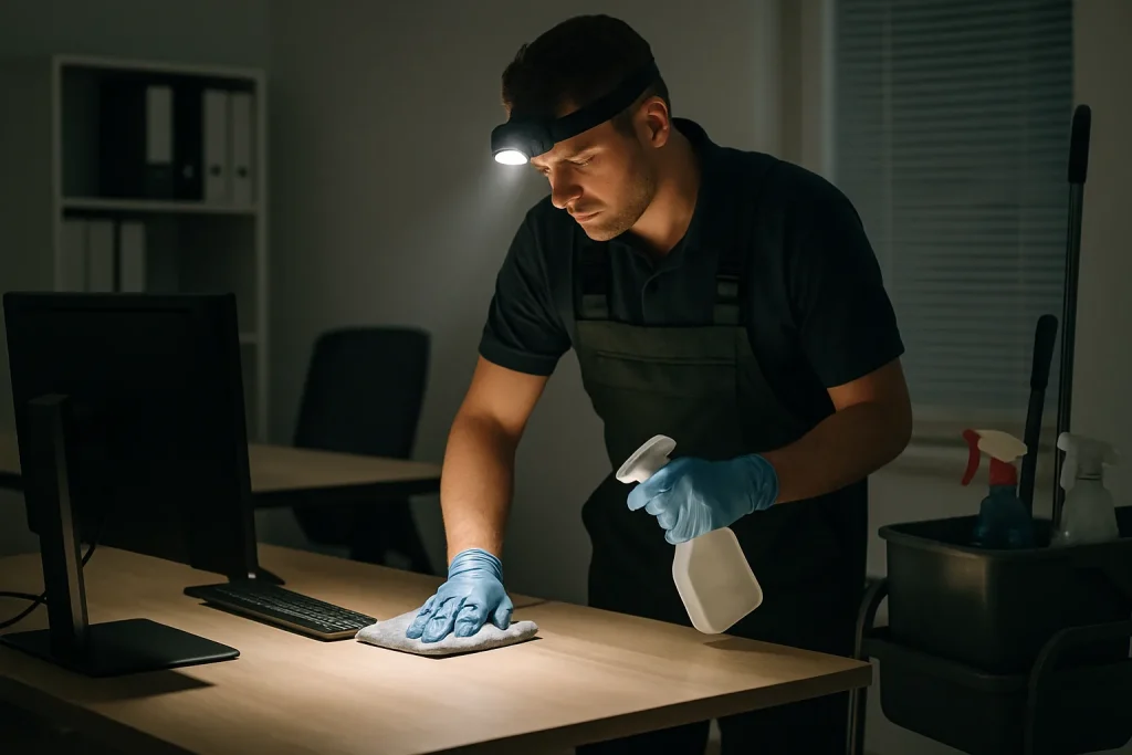 Technicien nettoyant un bureau de nuit avec une lampe frontale et des outils.