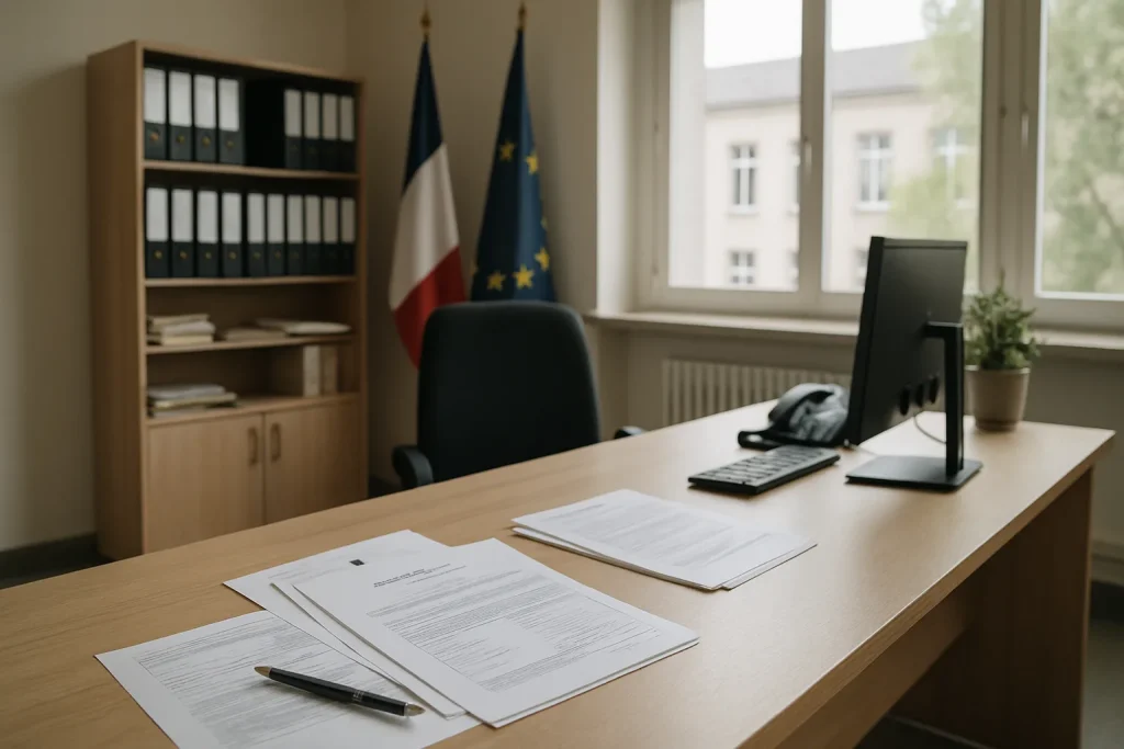 Bureau de mairie moderne avec documents officiels sur un bureau en bois, lumière naturelle.